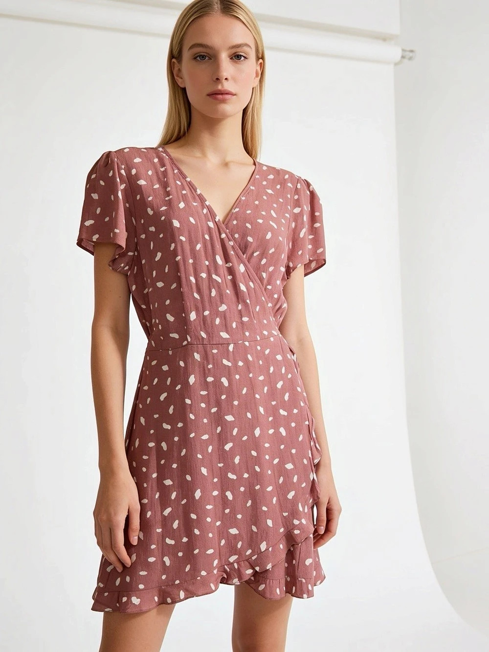 Abercrombie & Fitch Polka Dot Faux Wrap Mini Dress Pink & White Size Large